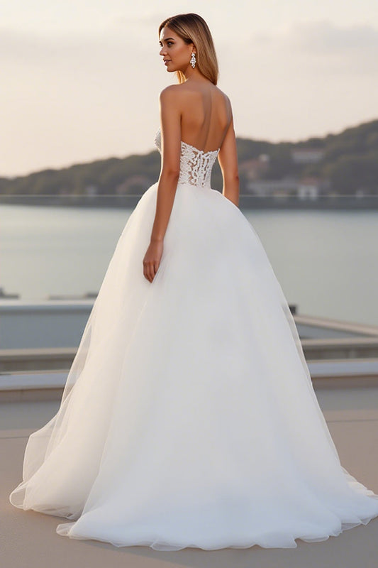 Ivory Sweetheart A Line Long Tulle Wedding Dress with Lace