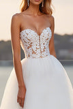 Ivory Sweetheart A Line Long Tulle Wedding Dress with Lace