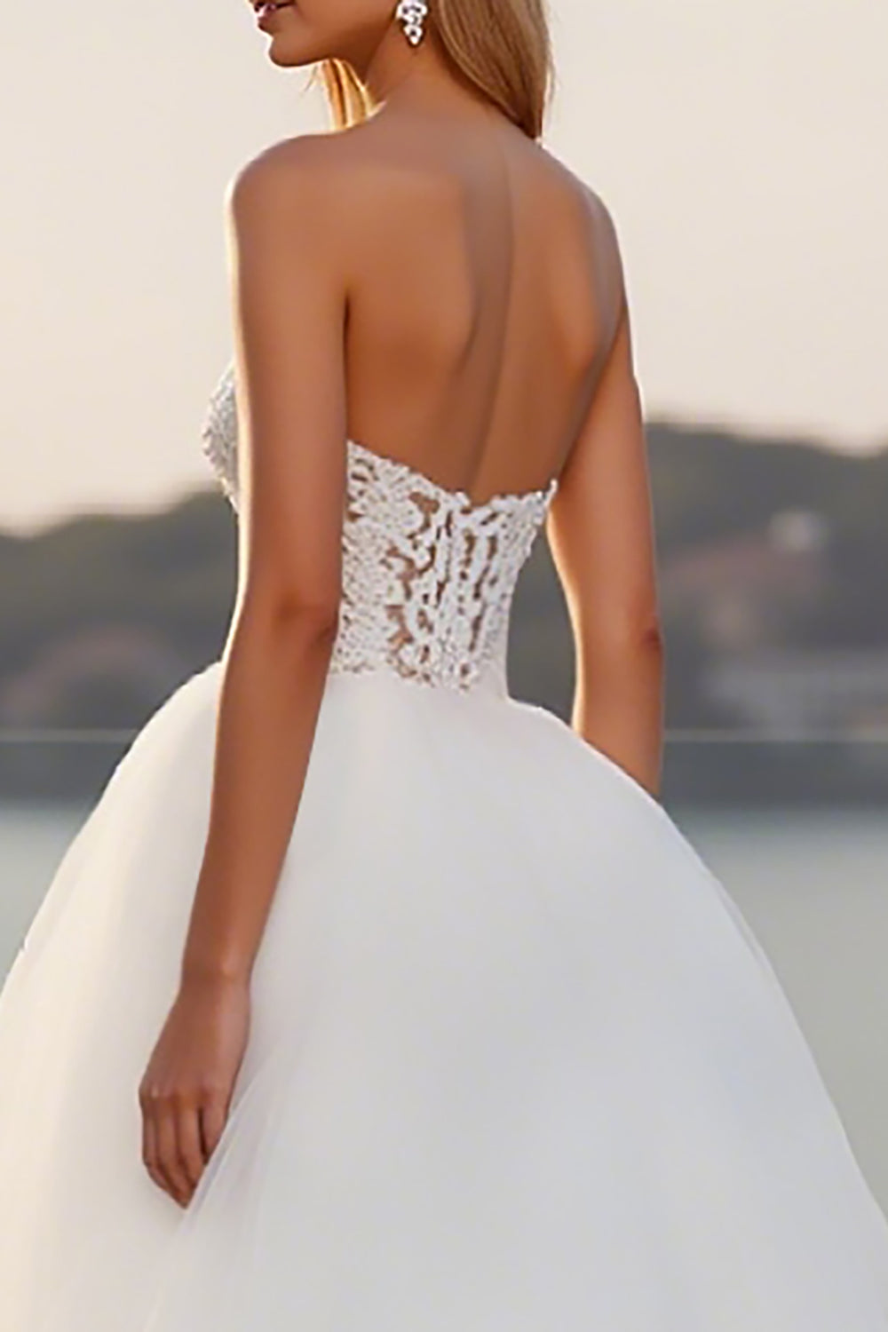 Ivory Sweetheart A Line Long Tulle Wedding Dress with Lace