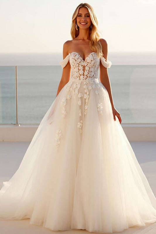 Ivory Off The Shoulder Tulle Long A Line Wedding Dress with Lace