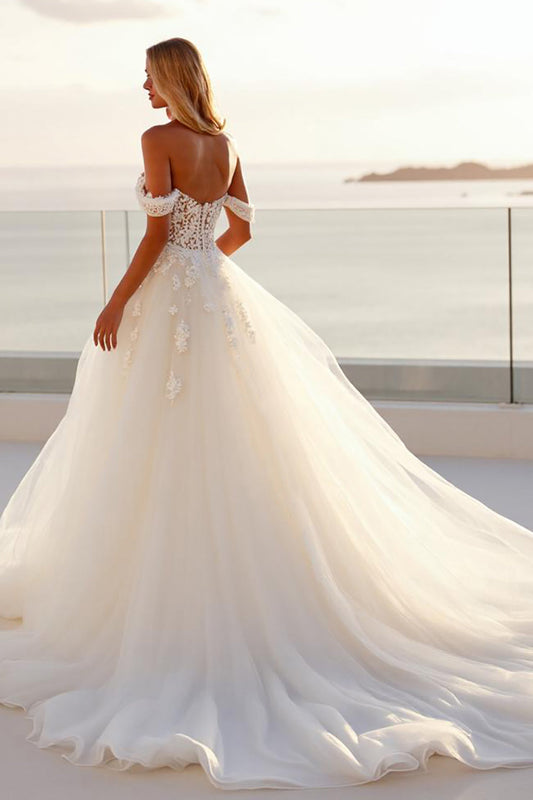 Ivory Off The Shoulder Tulle Long A Line Wedding Dress with Lace