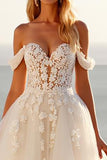 Ivory Off The Shoulder Tulle Long A Line Wedding Dress with Lace
