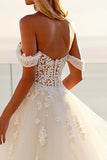 Ivory Off The Shoulder Tulle Long A Line Wedding Dress with Lace