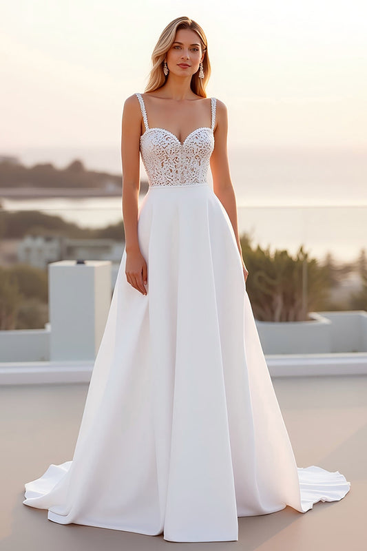 Ivory Spaghetti Straps Lace A Line Crepe Long Wedding Dress