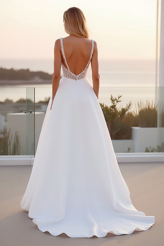 Ivory Spaghetti Straps Lace A Line Crepe Long Wedding Dress