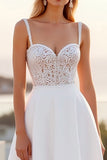 Ivory Spaghetti Straps Lace A Line Crepe Long Wedding Dress