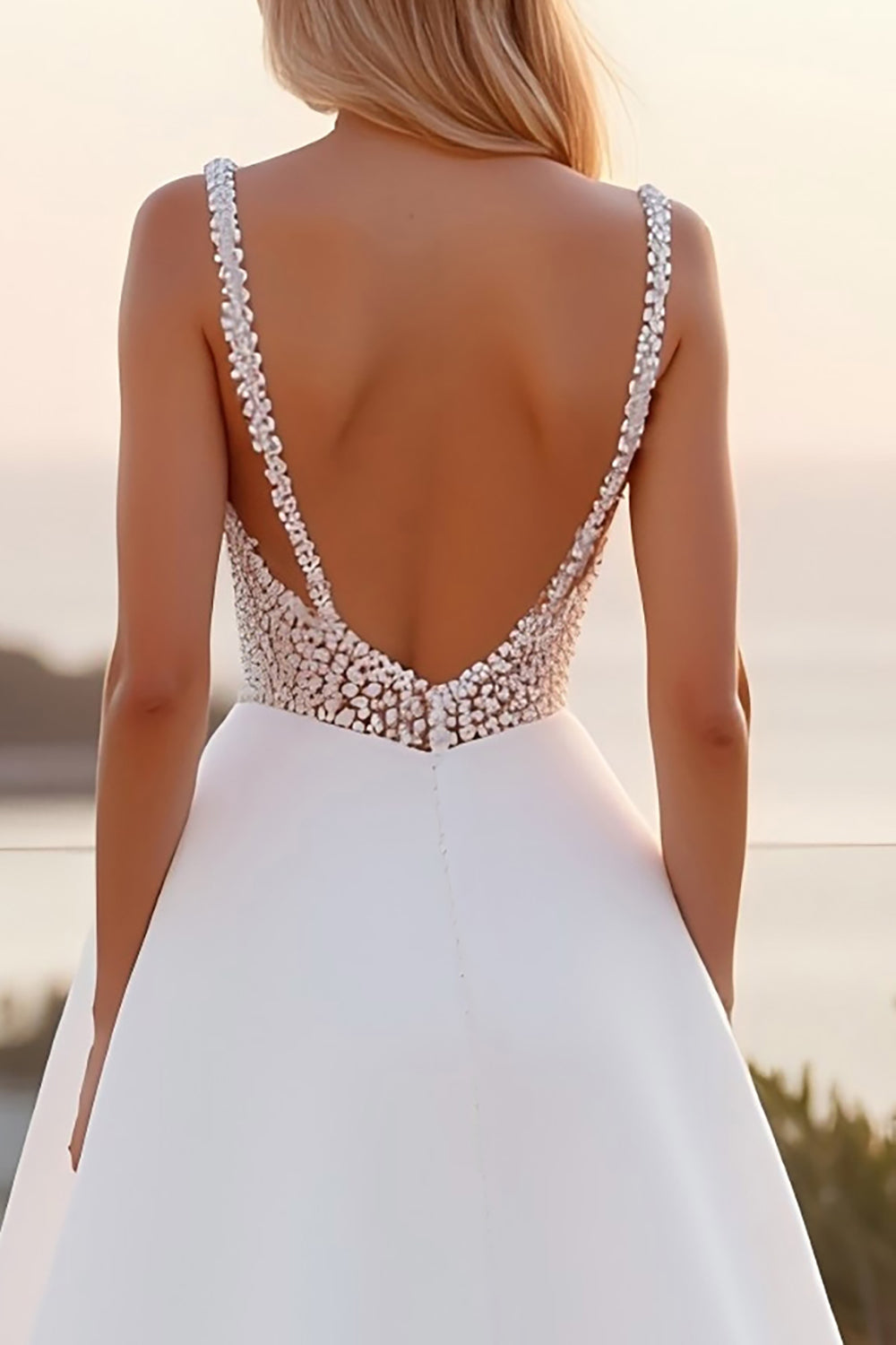 Ivory Spaghetti Straps Lace A Line Crepe Long Wedding Dress
