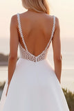 Ivory Spaghetti Straps Lace A Line Crepe Long Wedding Dress