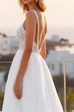 Ivory Spaghetti Straps Lace A Line Crepe Long Wedding Dress