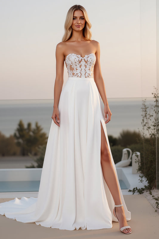 Ivory Strapless A Line Long Wedding Dress With Slit