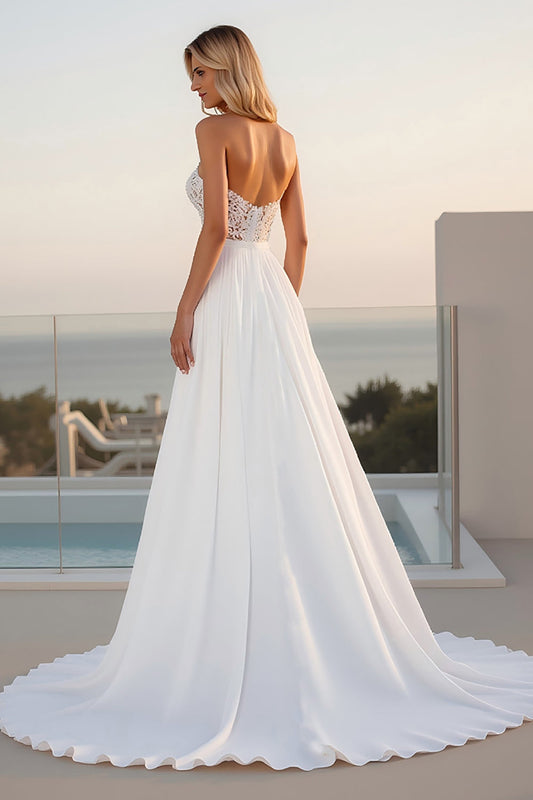 Ivory Strapless A Line Long Wedding Dress With Slit
