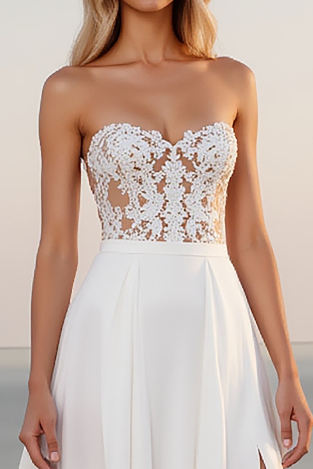 Ivory Strapless A Line Long Wedding Dress With Slit