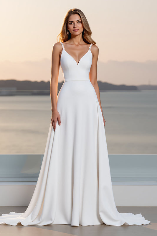 Ivory Crepe Spaghetti Straps Long A Line Wedding Dress