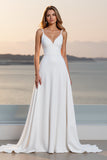 Ivory Crepe Spaghetti Straps Long A Line Wedding Dress