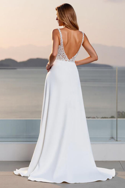 Ivory Crepe Spaghetti Straps Long A Line Wedding Dress