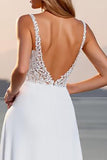 Ivory Crepe Spaghetti Straps Long A Line Wedding Dress