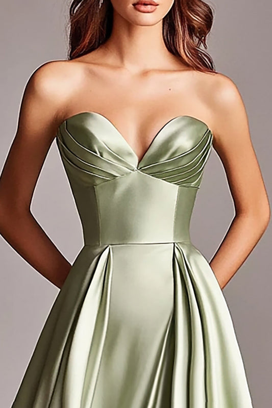 A Line Dusty Sage Satin Long Prom Dress with Slit