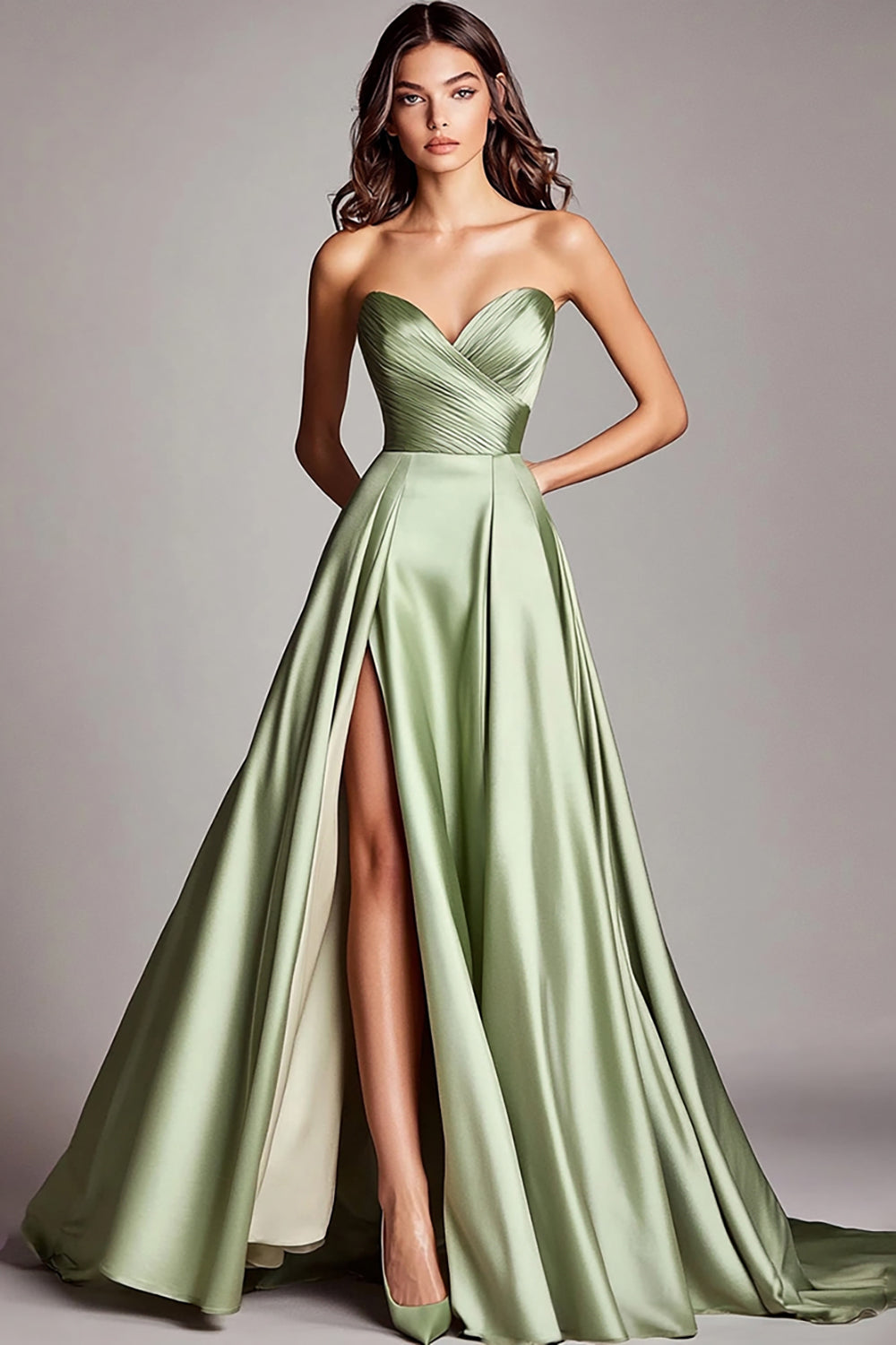 A Line Dusty Sage Satin Sweetheart Prom Dress with Slit Ruched Strapless Long Formal Dress