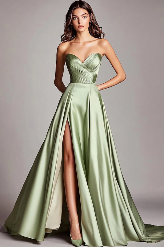 A Line Dusty Sage Satin Sweetheart Prom Dress with Slit Ruched Strapless Long Formal Dress