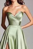 A Line Dusty Sage Sweetheart Ruched Long Prom Dress with Slit