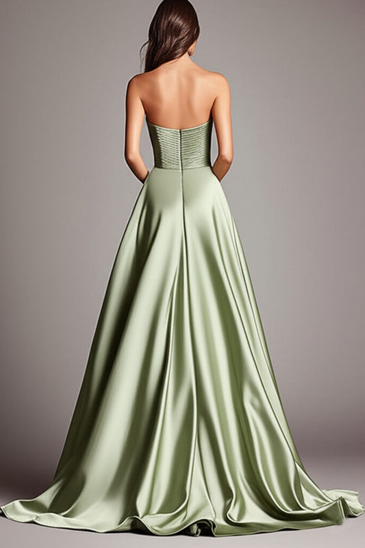 A Line Dusty Sage Sweetheart Ruched Long Prom Dress with Slit