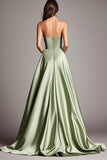 A Line Dusty Sage Sweetheart Ruched Long Prom Dress with Slit
