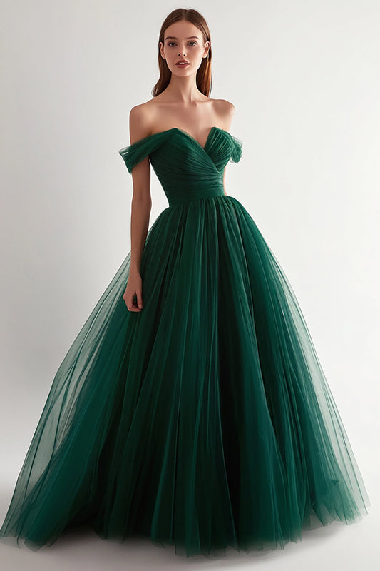 Ball Gown Dark Green Tulle Off the Shoulder Long Prom Dress