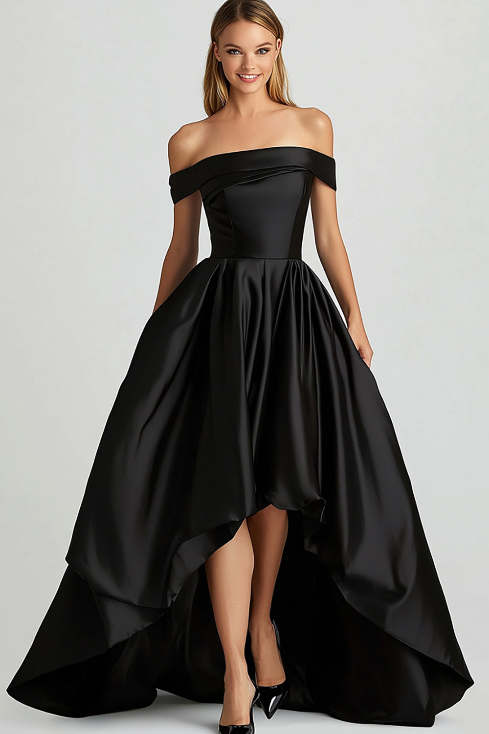 Off the Shoulder Black Asymmetrical Satin High-Low Prom Dress