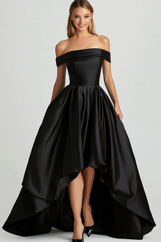 Off the Shoulder Black Asymmetrical Satin High-Low Prom Dress