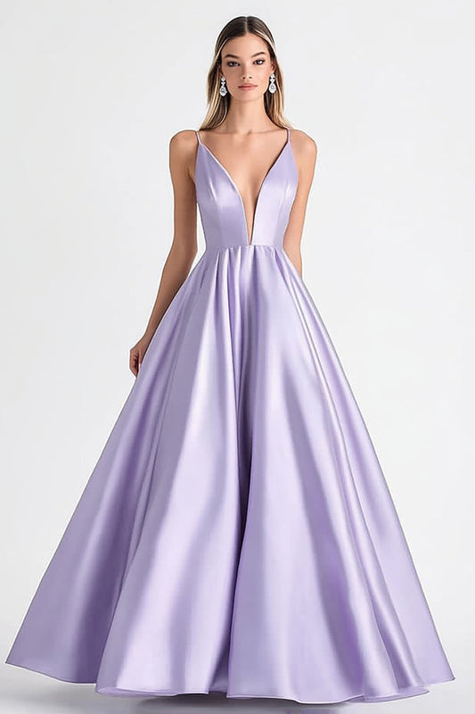 Ball Gown Lilac Satin Deep V-Neck Spaghetti Straps Long Prom Dress