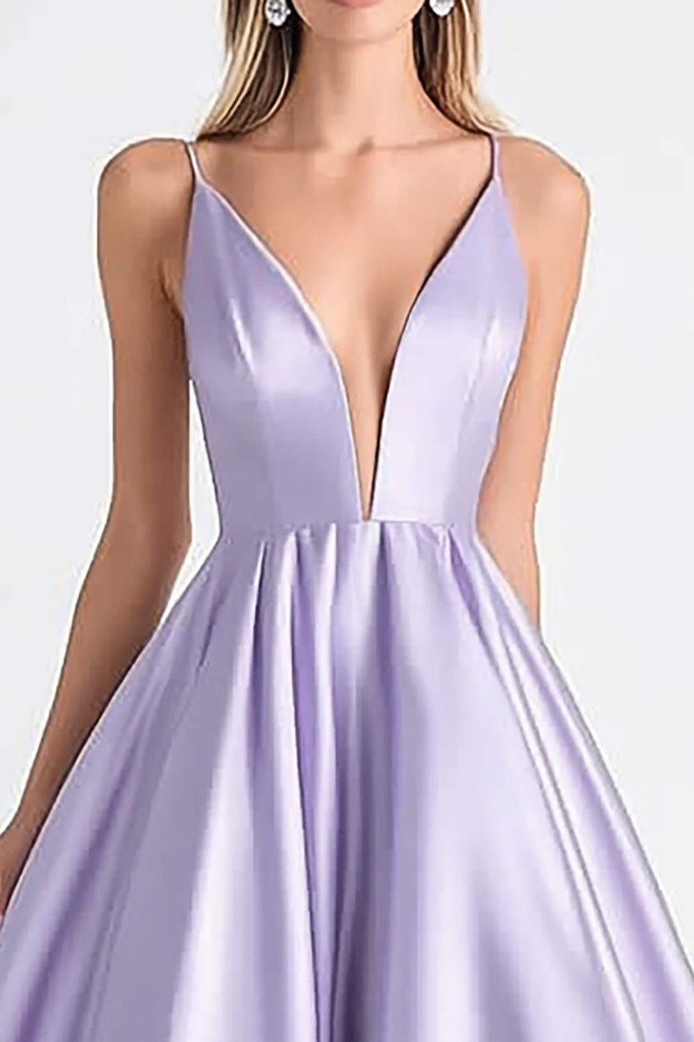 Ball Gown Lilac Satin Deep V-Neck Spaghetti Straps Long Prom Dress