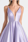 Ball Gown Lilac Satin Deep V-Neck Spaghetti Straps Long Prom Dress
