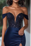 Beaded Navy Off the Shoulder Long Prom Dress with Slit