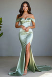 Off the Shoulder Dusty Sage Mermaid Long Prom Dress with Slit