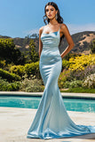 Sky Blue Mermaid Square Neck Long Satin Prom Dress