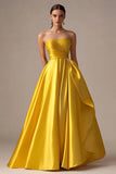 Ball Gown Yellow Strapless Pleated Long Prom Dress