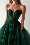 Tulle Dark Green Ball Gown Backless Long Prom Dress