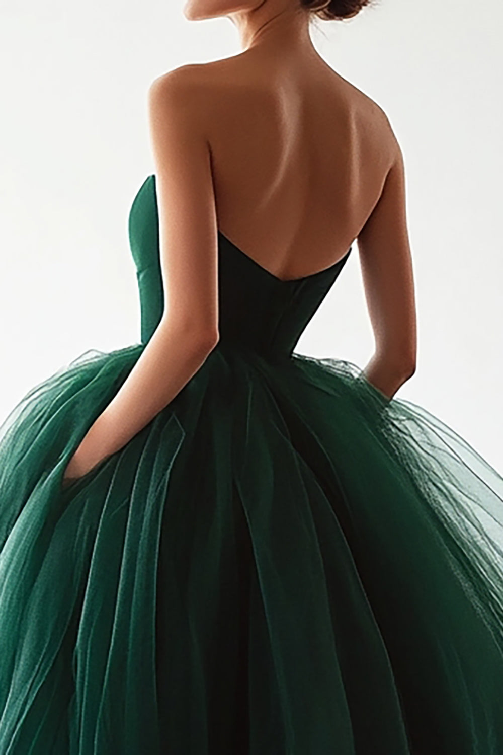 Tulle Dark Green Ball Gown Backless Long Prom Dress