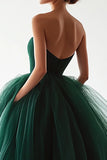 Tulle Dark Green Ball Gown Backless Long Prom Dress