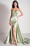 Strapless Dusty Sage Mermaid Satin Prom Dress with Slit