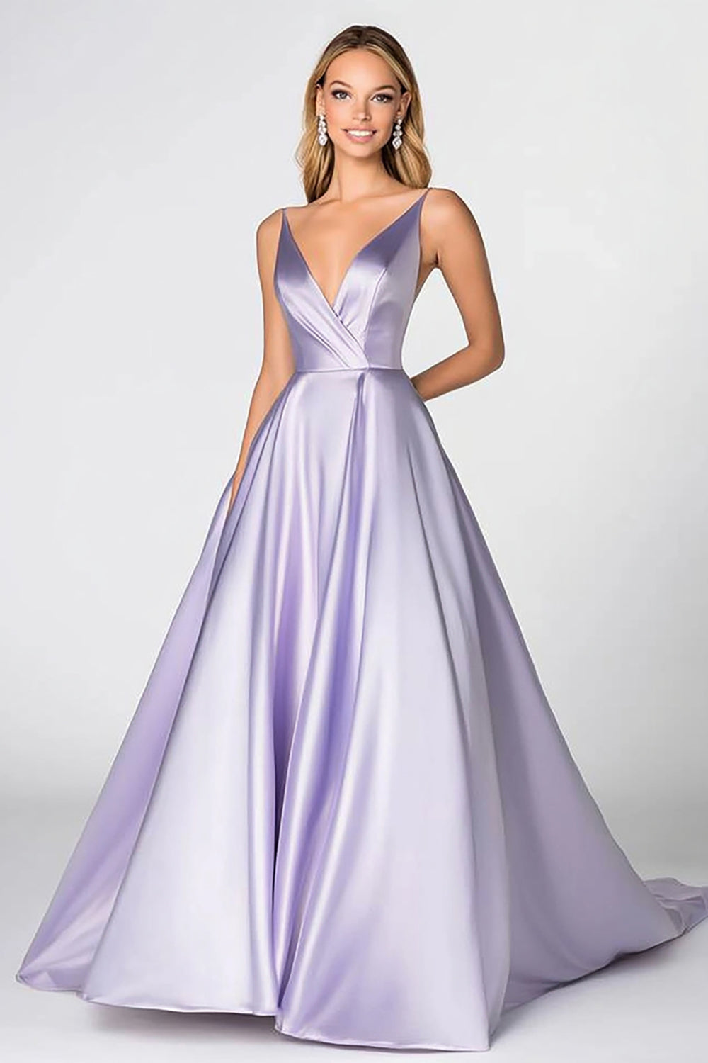 Ball Gown Lilac Satin Ruhced Deep V-Neck Long Prom Dress