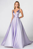 Ball Gown Lilac Satin Ruhced Deep V-Neck Long Prom Dress