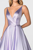 Ball Gown Lilac Satin Ruhced Deep V-Neck Long Prom Dress