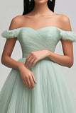 A Line Light Green Tulle Off the Shoulder Long Prom Dress