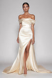 Satin Champagne Sheath Off the Shoulder Long Prom Dress with Slit