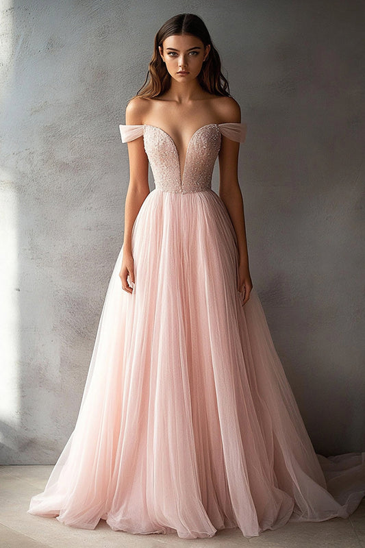 A Line Pink Tulle Off the Shoulder V-Neck Long Prom Dress