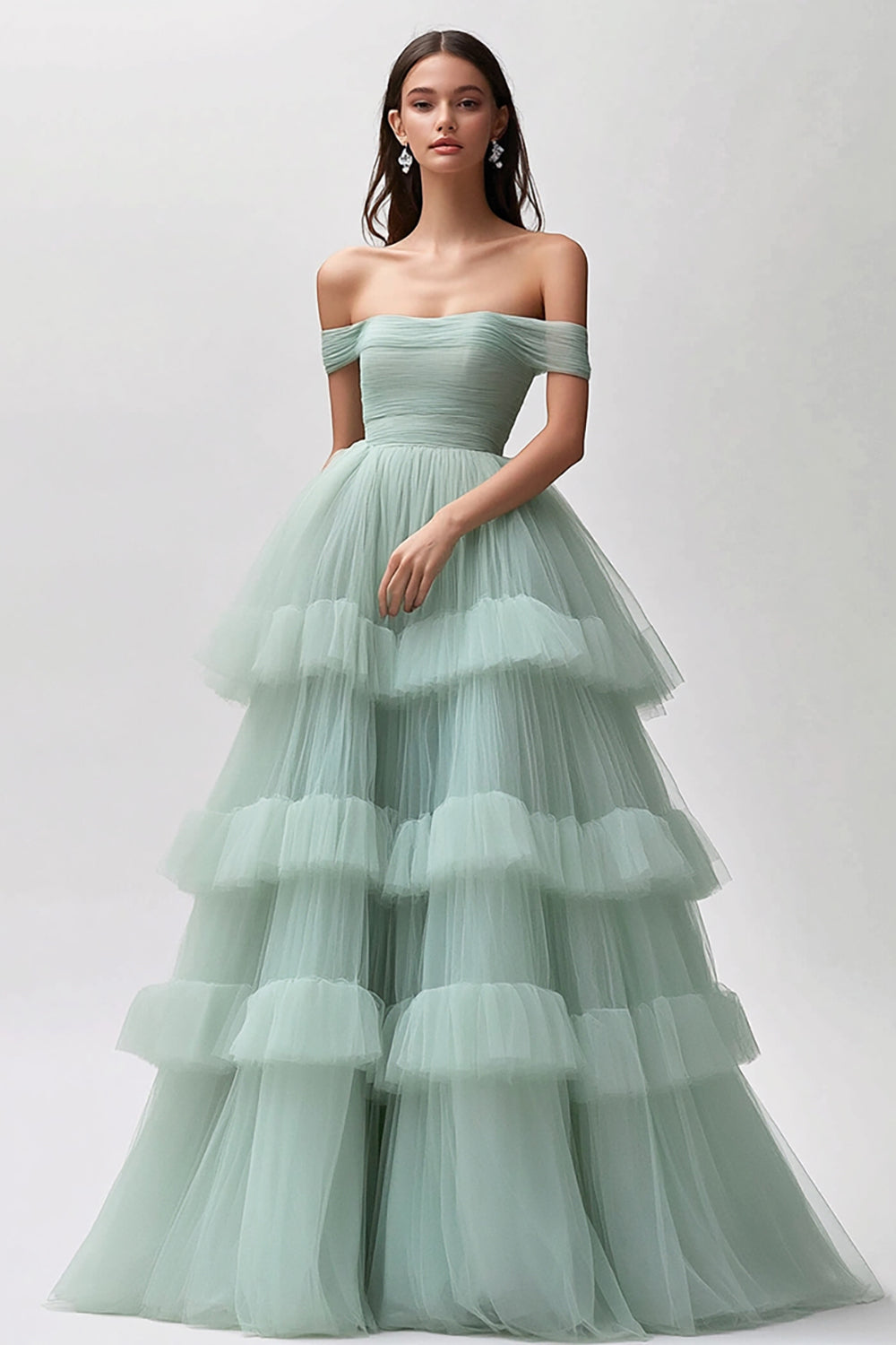 Light Green Tulle Tiered Off the Shoulder Long Prom Dress