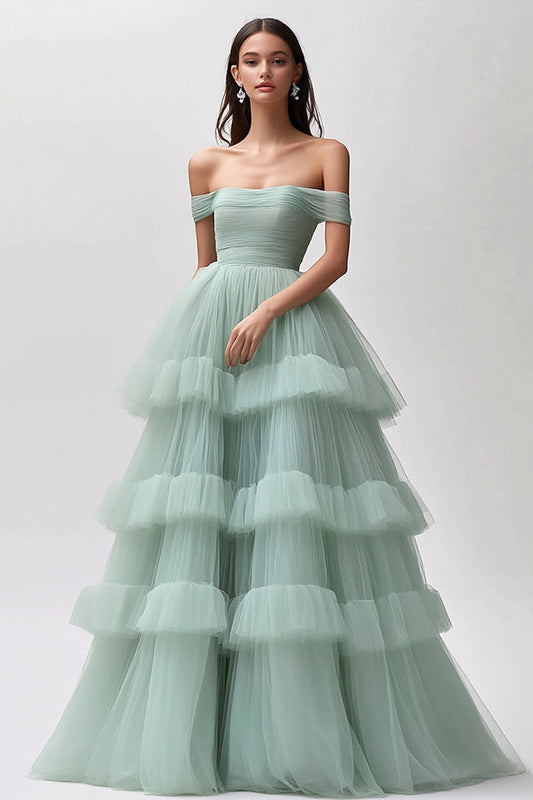Light Green Tulle Tiered Off the Shoulder Long Prom Dress