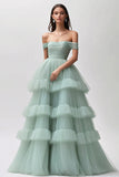 Light Green Tulle Tiered Off the Shoulder Long Prom Dress