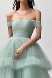 Light Green Tulle Tiered Off the Shoulder Long Prom Dress